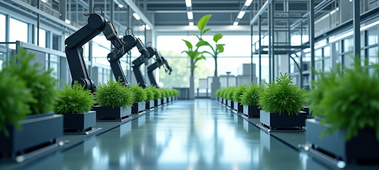 A clean, automated factory floor with green energy symbols.