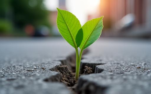 A green leaf sprouting from a crack in urban pavement.